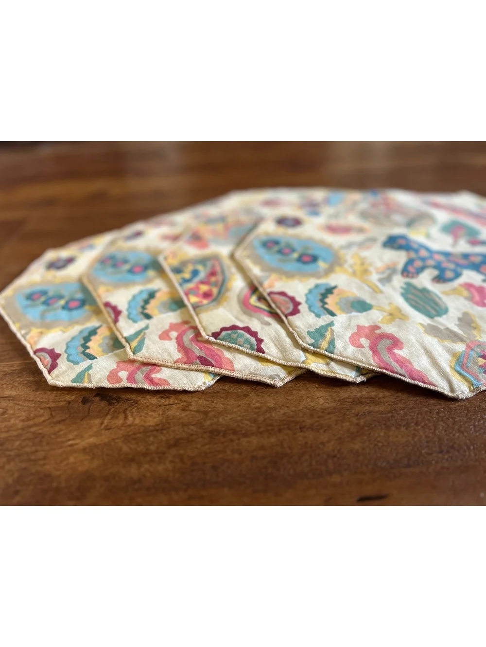 Set of 4 Vintage Octagonal Quilted Fabric Placemats with Colorful Animal and Gea